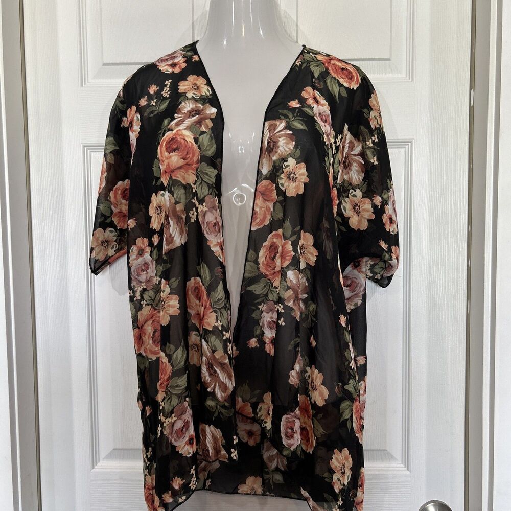 Try! This Women's S Kimono Blouse Black & Pink Floral Semi Sheer Cardigan